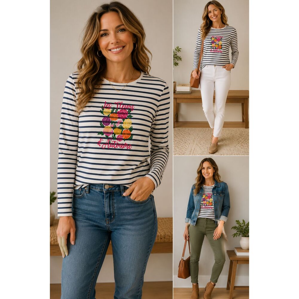 Talbots Les Fleurs d’Automne Striped Long Sleeve Women’s Medium Floral Graphic
